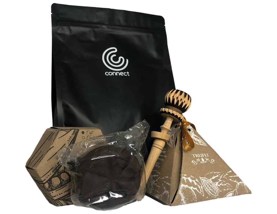 Kit Crema cacao avellana, trufas, caja de barra de chocolate, molinillo para taza y café molido. Envío Gratis!