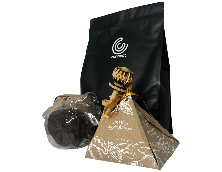 Kit Crema cacao avellana, trufas, caja de barra de chocolate, molinillo para taza y café molido. Envío Gratis!
