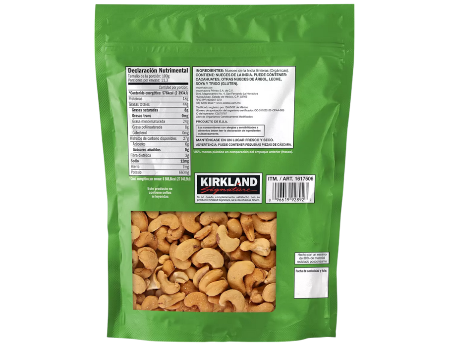 Kirkland Signature Nueces de la India Orgánicas sin Tostar y sin Sal 1.13kg