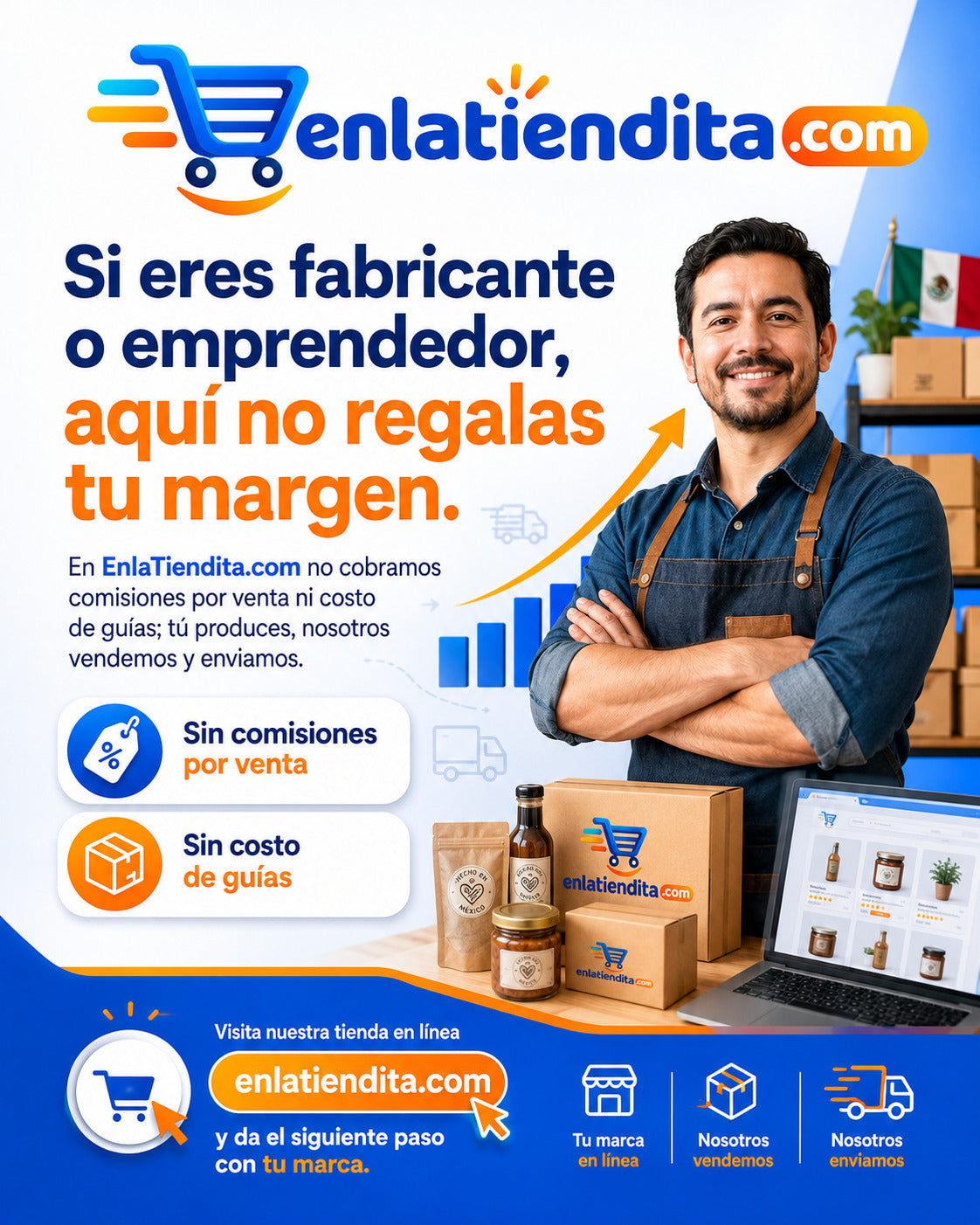 Si eres fabricante o emprendedor, aquí no regalas tu margen. En EnLaTiendita.com no cobramos comisiones por venta ni costo de guías: tú produces, nosotros vendemos y enviamos.